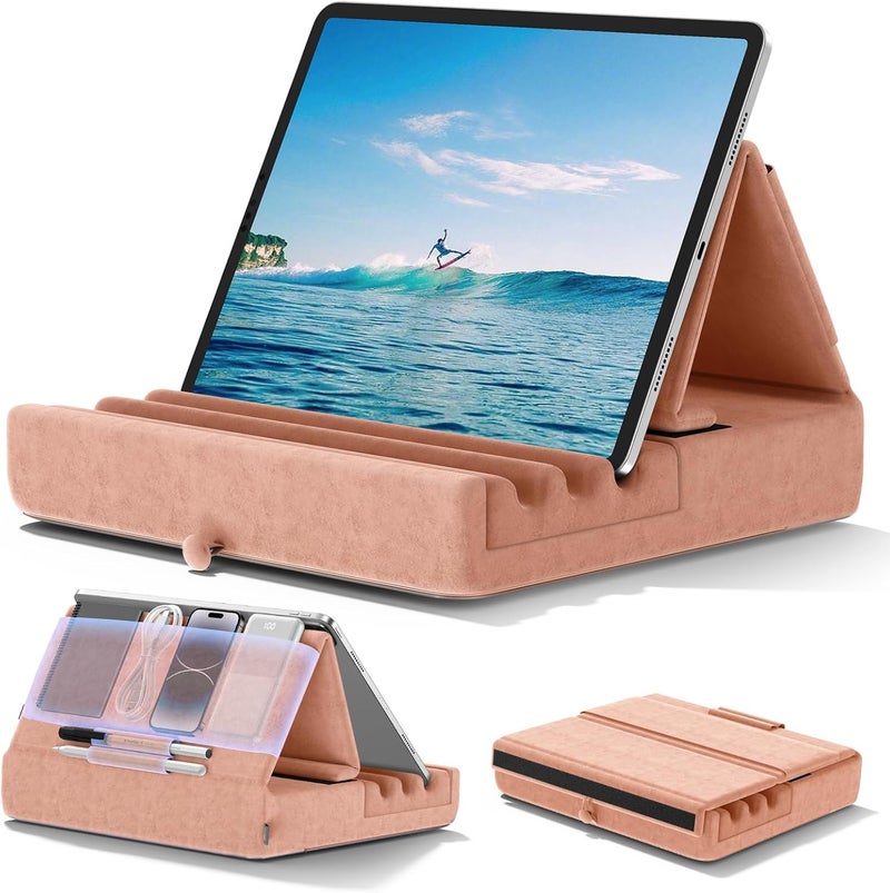 KDD Tablet Pillow Holder, Foldable iPad Stand for Lap, Bed and Desk -Tablet Soft Pad Dock with Pocket & Stylus Mount Compatible with iPad Pro 12.9, 10.5, 9.7 Air Mini 6 5 4 3, E-Reader - Image 1